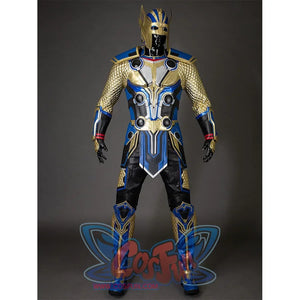 Thor: Love and Thunder Cosplay costume 's overall color scheme is mainly gold and blue, the design of the helmet is full of elements of ancient warriors, the armor design on the chest and shoulders is layered, the sleeves are golden diamond texture, the pants are mainly black with gold decorations on both sides, echoing the sleeves.