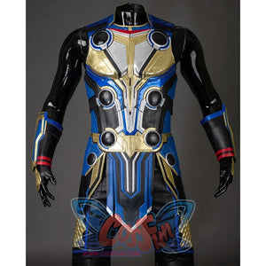 Thor: Love and Thunder Cosplay costume 's armor vest design is layered, the mainly colors are blue, black, gold, sliver, and use a lot of circular and line as decorations.