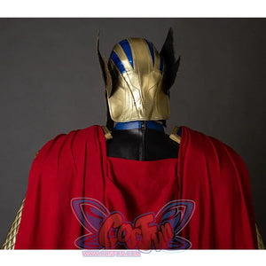 Thor: Love and Thunder Cosplay costume 's  design of the helmet is full of elements of ancient warriors, supplemented by a red cloak, which adds a sense of nobility and authority to the overall shape.