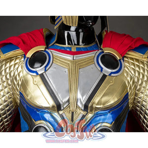 Thor: Love and Thunder Cosplay costume 's overall color scheme is mainly gold and blue, the armor design on the chest and shoulders is layered, the sleeves are golden diamond texture,  the red cloak adds a sense of nobility.