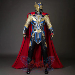 Thor: Love and Thunder Cosplay costume 's overall color is mainly gold and blue, the design of the helmet is full of elements of ancient warriors, the armor design on the chest and shoulders is layered, the sleeves are golden diamond texture, supplemented by a red cloak, which adds a sense of nobility and authority to the overall shape, the pants are mainly black with gold decorations on both sides, echoing the sleeves.