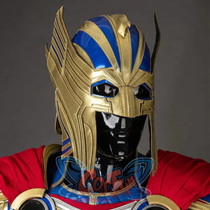 Thor: Love and Thunder Cosplay costume 's design of the helmet is blue and gold, there are smooth metallic texture and feathered decoration.