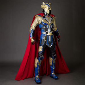 Thor: Love and Thunder Cosplay costume 's left side, it's overall color scheme is mainly gold and blue, the design of the helmet is full of elements of ancient warriors, the armor design on the chest and shoulders is layered, the sleeves are golden diamond texture, supplemented by a red cloak, which adds a sense of nobility and authority to the overall shape, the pants are mainly black with gold decorations on both sides, echoing the sleeves.