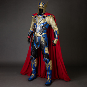 Thor: Love and Thunder Cosplay costume's right side, it is mainly gold and blue color, the design of the helmet is full of elements of ancient warriors, the armor design on the chest and shoulders is layered, the sleeves are golden diamond texture, supplemented by a red cloak, which adds a sense of nobility and authority to the overall shape, the pants are mainly black with gold decorations on both sides, echoing the sleeves.