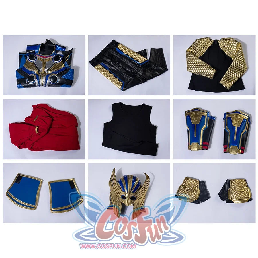 Thor: Love and Thunder Cosplay costume includes vest, wrist guards, shoulder guards, gloves, inner clothes, armor vest, pants, cloak, helmet.