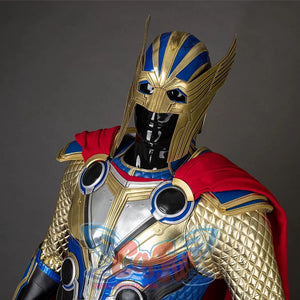 Thor: Love and Thunder Cosplay costume 's overall color scheme is mainly gold and blue, the design of the helmet is full of elements of ancient warriors, the armor design on the chest and shoulders is layered, the sleeves are golden diamond texture, supplemented by a red cloak.