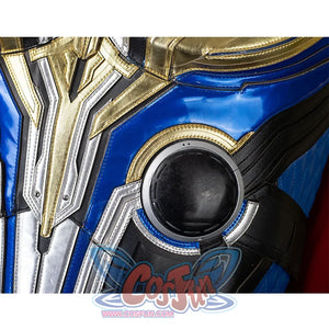Thor: Love and Thunder Cosplay costume 's armor design on the chest  is layered, the mainly colors are blue, black, gold, sliver, and use a lot of circular and line as decorations.
