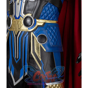 Thor: Love and Thunder Cosplay costume 's waist part is mainly blue, black, gold, sliver, and use a lot of circular and line as decorations there are diamond pattern design on the side.