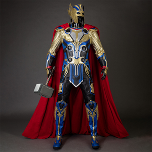 Thor: Love and Thunder Cosplay costume's design of the helmet is full of elements of ancient warriors, the overall color scheme is mainly gold and blue, armor design on the chest and shoulders is layered, and supplemented by a red cloak, which adds a sense of nobility and authority to the overall shape.