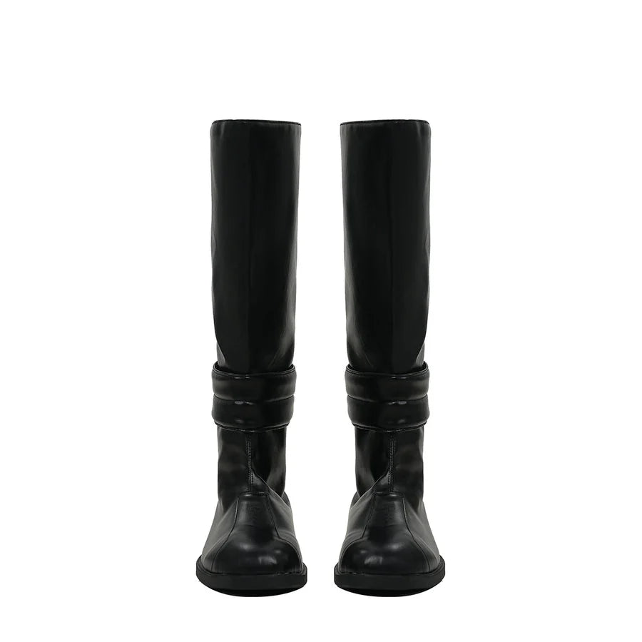Tim cosplay black knee-high boots front view, pair displayed on white background