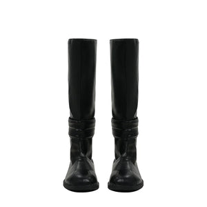 Tim cosplay black knee-high boots front view, pair displayed on white background