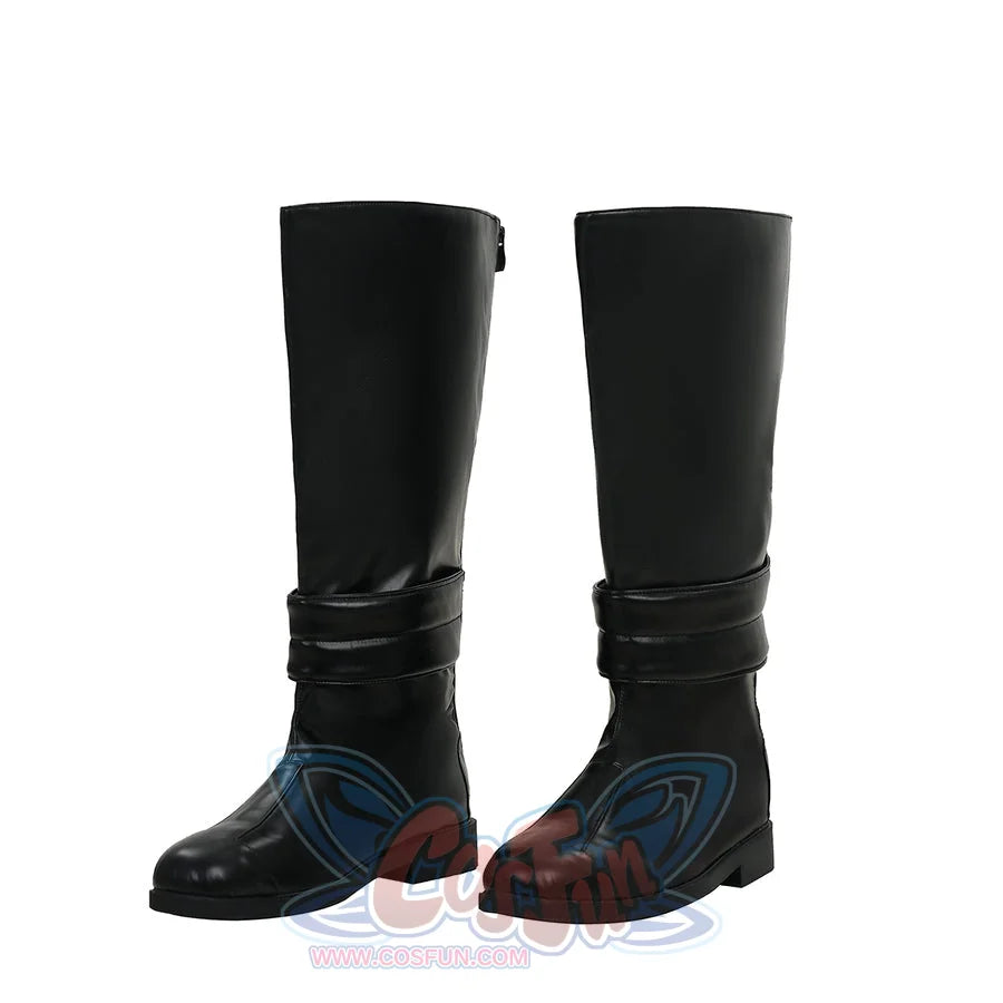 Tim cosplay black knee-high boots front view, pair displayed on white background