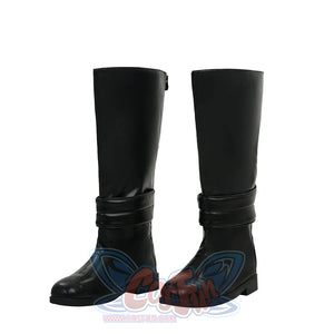 Tim cosplay black knee-high boots side view, showing back zipper and strap details