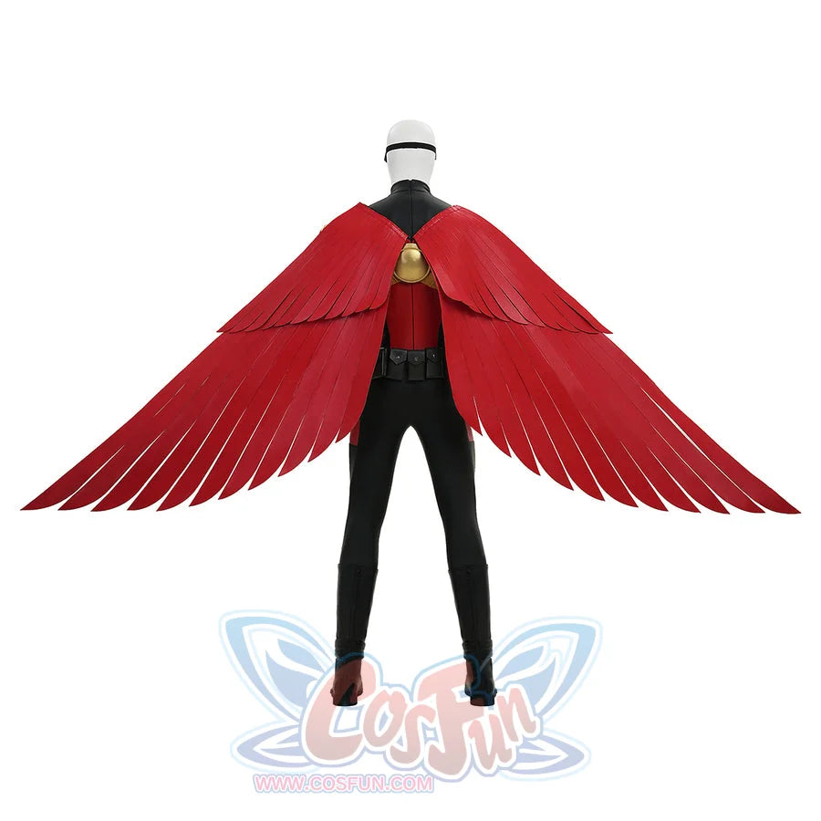 Tim cosplay costume full front view featuring red and black suit with large red wings and gold accents