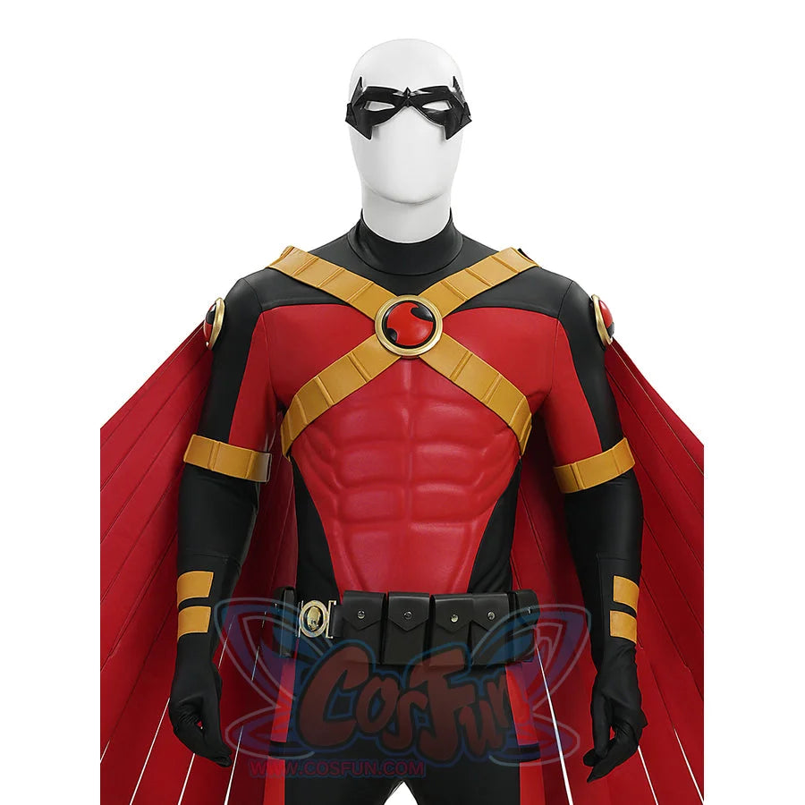 Tim cosplay costume chest closeup showing gold X-straps red emblem and utility belt details
