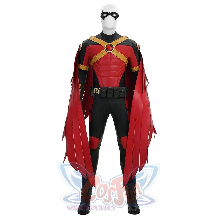 Tim cosplay costume front view with cape down showing red black suit gold straps and utility belt