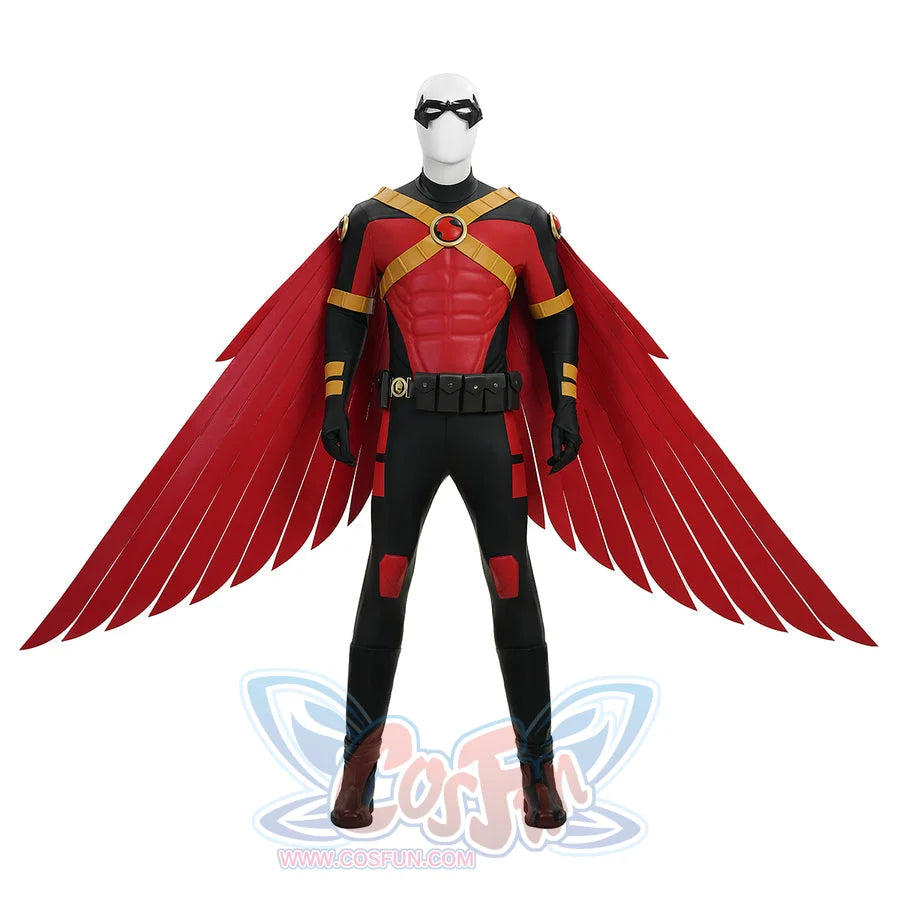 Tim cosplay costume full front view featuring red and black suit with large red wings and gold accents