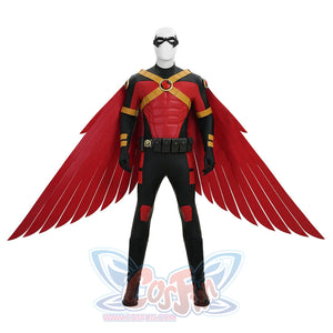 Tim cosplay costume full front view featuring red and black suit with large red wings and gold accents