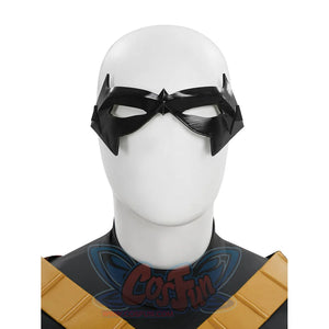 Tim cosplay black mask closeup showing domino mask design with pointed edges and eye openings