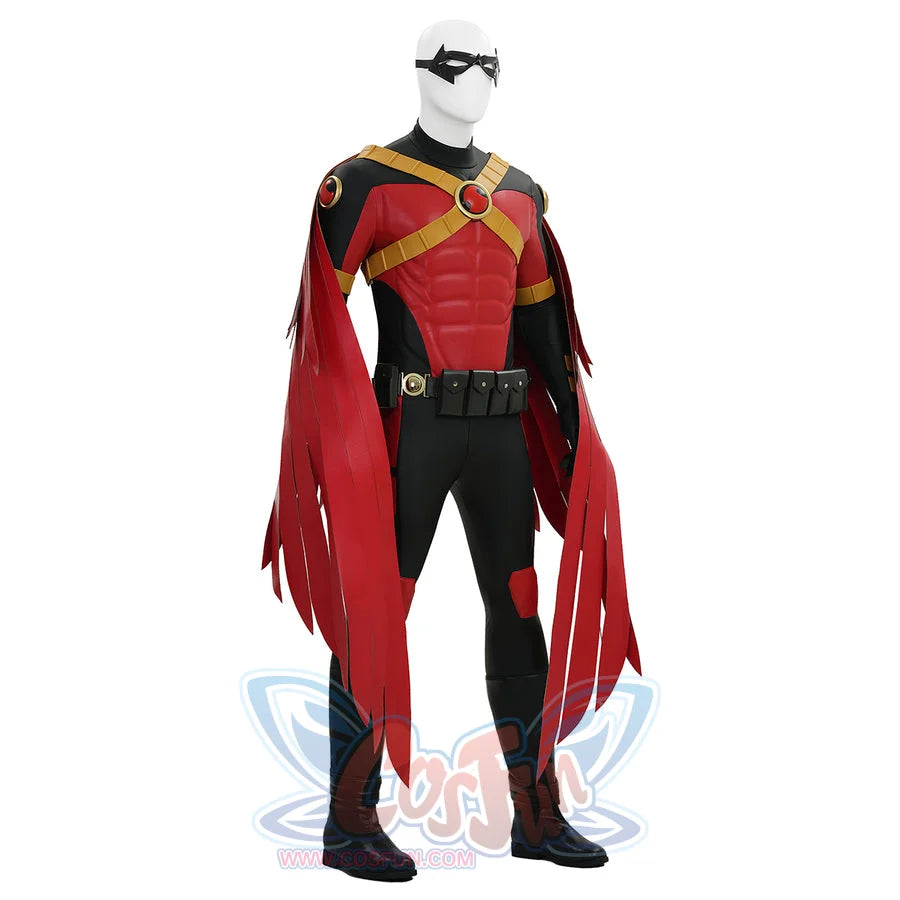 Tim cosplay costume side view displaying red cape gold shoulder straps and utility belt details