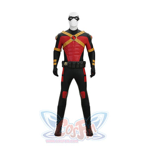 Tim cosplay costume front view without cape showing red chest gold straps and black suit