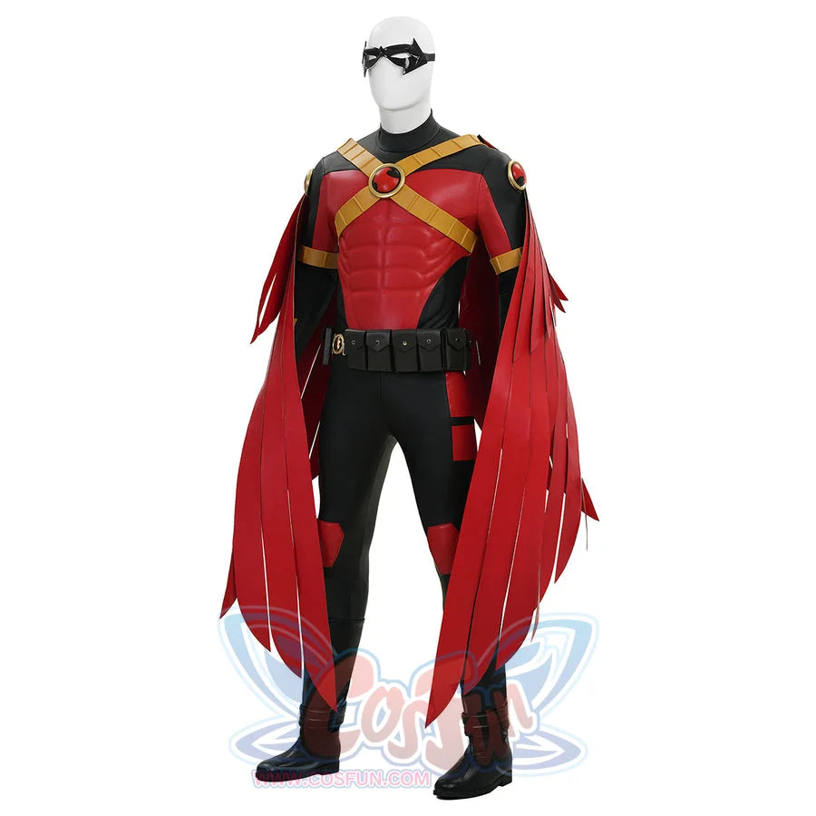 Tim cosplay costume three quarter front view with red cape chest details and gold X-straps
