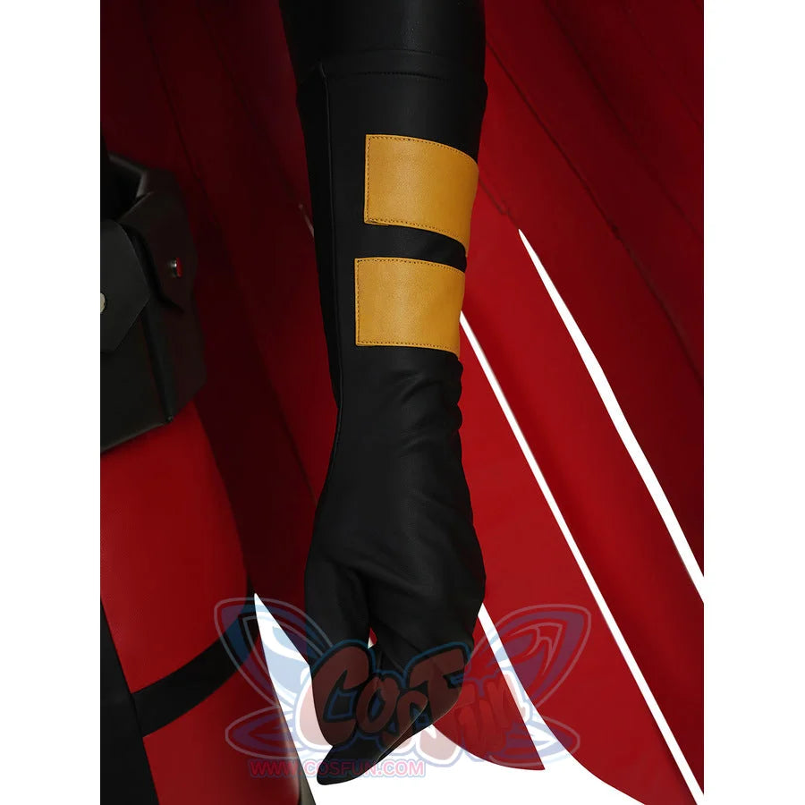 Tim cosplay costume showing black sleeve gold bands black glove and red cape flowing