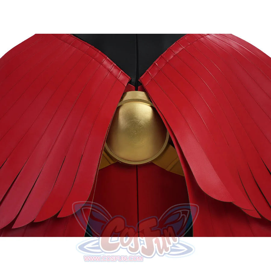 Tim cosplay costume back closeup showing gold cape clasp with red wings and black collar