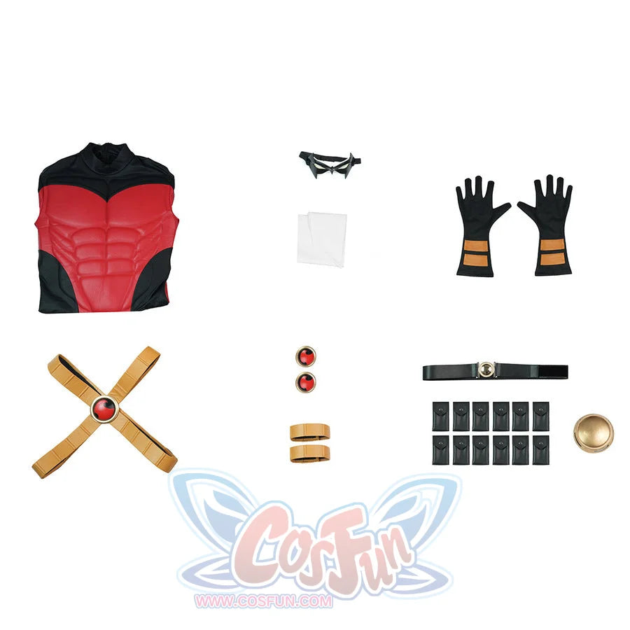 Tim cosplay costume components flat lay showing chest piece mask gloves belt and accessories