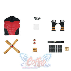 Tim cosplay costume components flat lay showing chest piece mask gloves belt and accessories