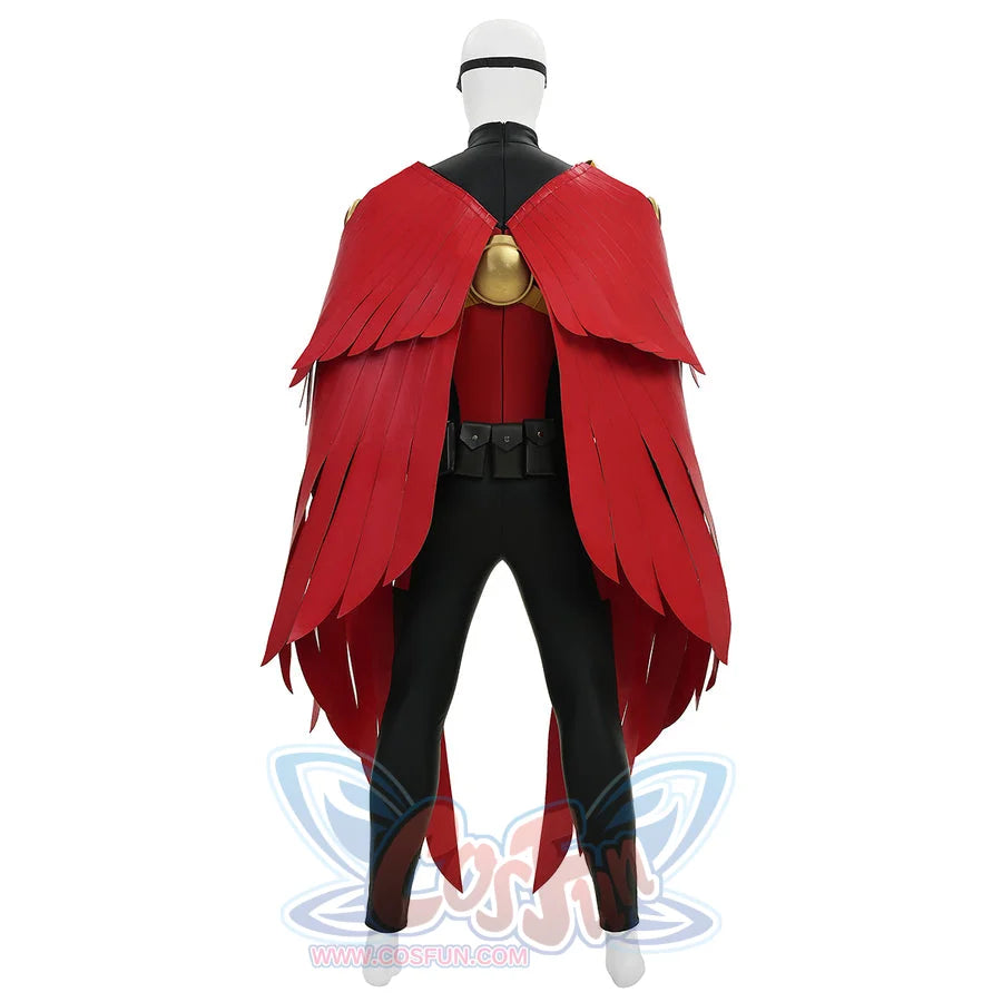 Tim cosplay costume back view on white background showing red cape gold clasp and black suit
