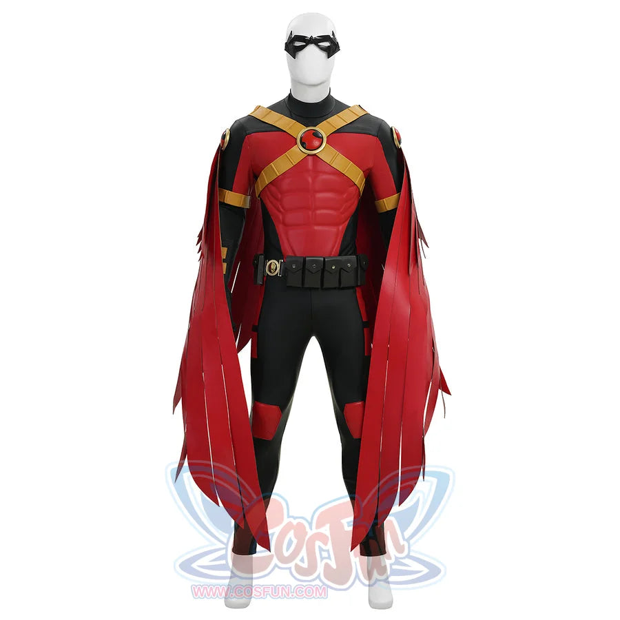 Tim cosplay costume complete front view on white background with red chest gold straps and cape