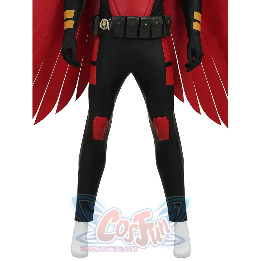 Tim cosplay costume lower body showing black pants red accents utility belt and wings spread