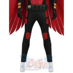 Tim cosplay costume lower body showing black pants red accents utility belt and wings spread