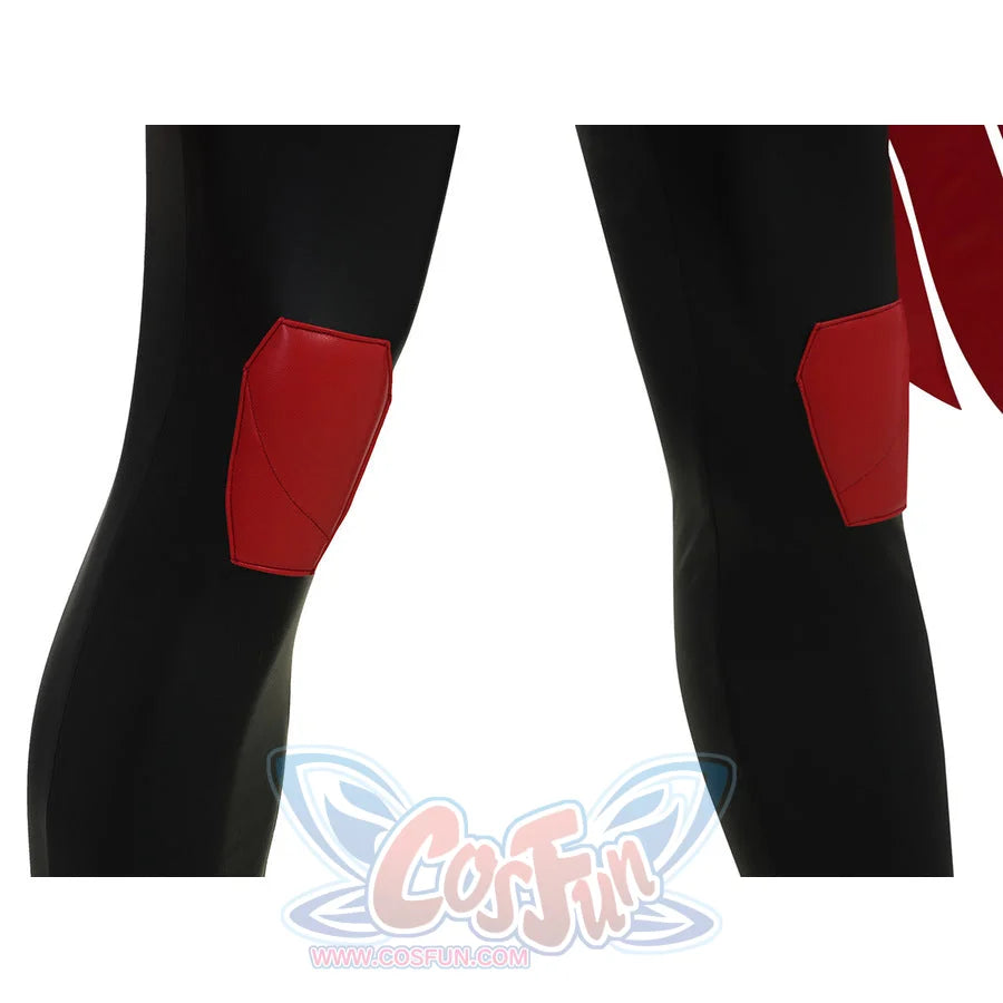 Tim cosplay costume black pants with red armor patches on thighs and shins detail