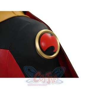 Tim cosplay costume shoulder emblem showing gold ring with red symbol on black shoulder