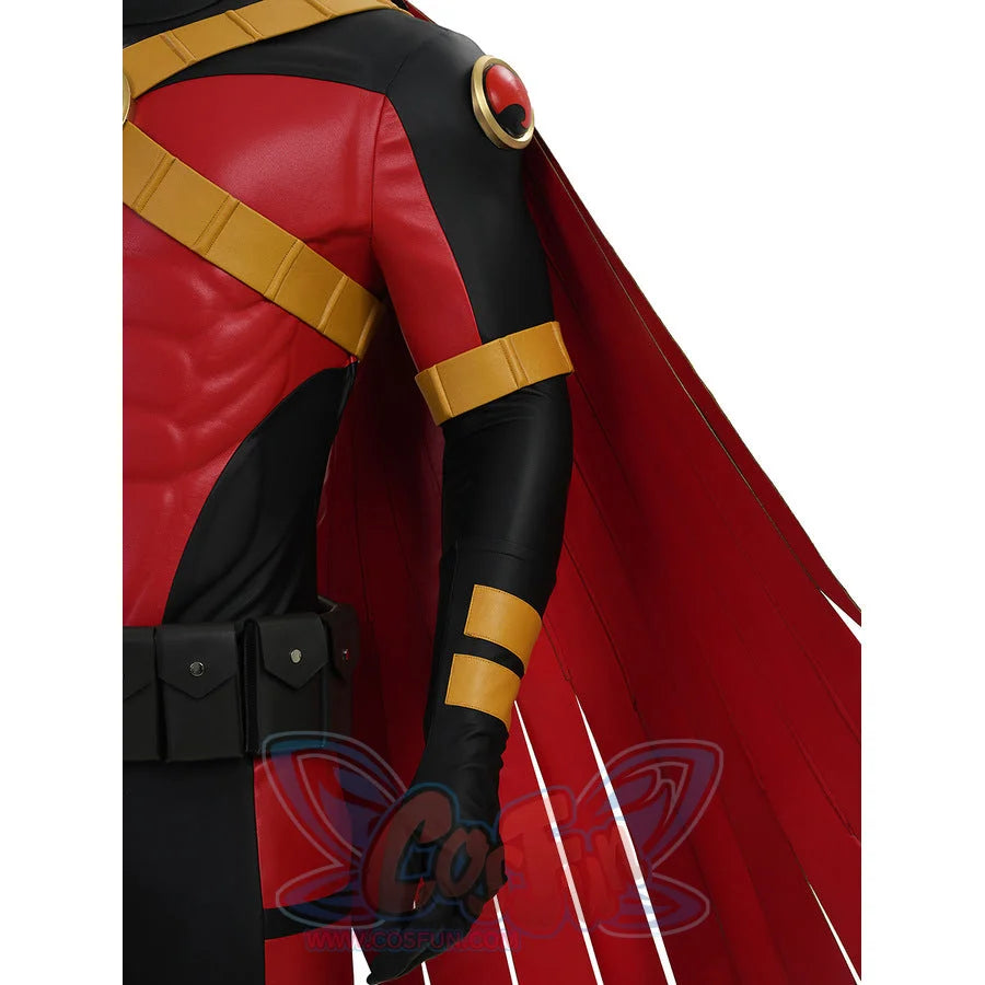 Tim cosplay costume torso showing utility belt gold arm bands and red cape detail