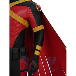 Tim cosplay costume torso showing utility belt gold arm bands and red cape detail