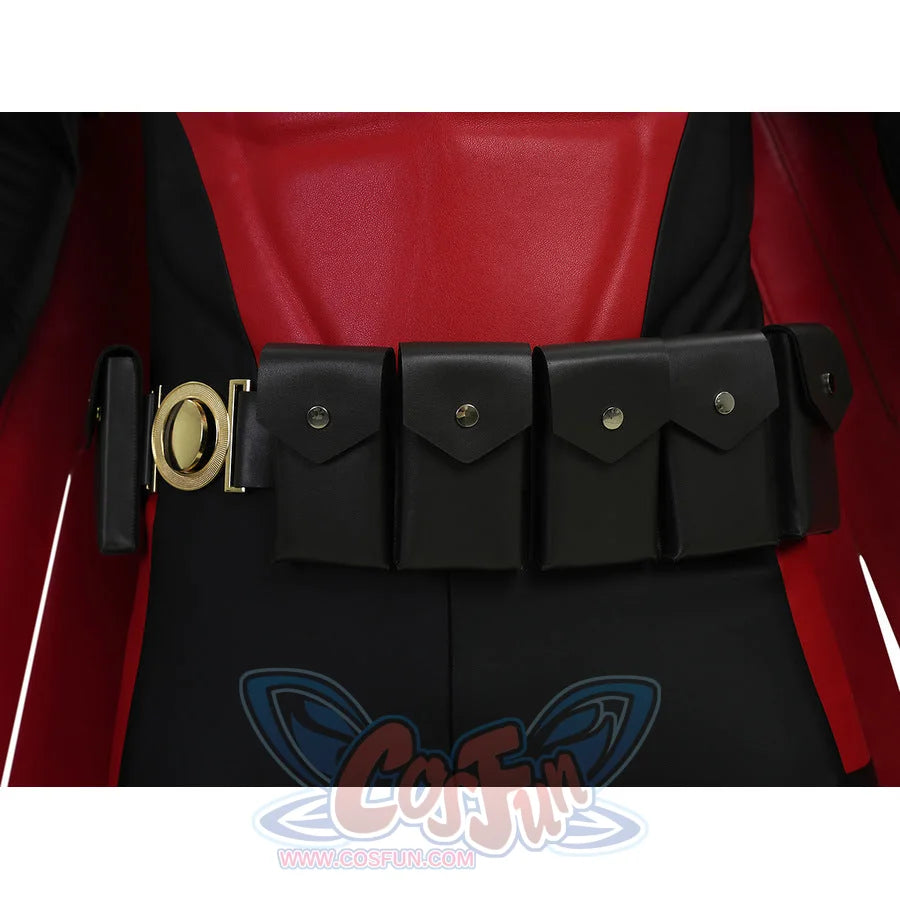 Tim cosplay costume utility belt closeup showing black pouches gold buckle and red chest