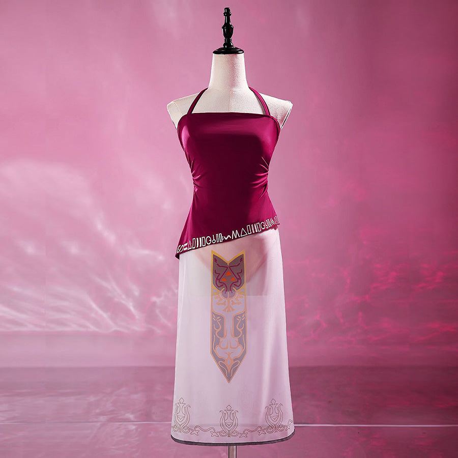 Princess Zelda Twilight Princess cosplay tankini set with wine-red halter top and white sheer skirt with Zelda crest print.