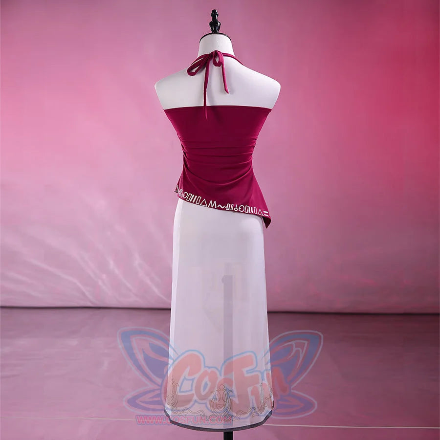 Back view of Princess Zelda Twilight Princess cosplay tankini, showing halter tie, wine-red top, and white sheer skirt with embroidered hem.