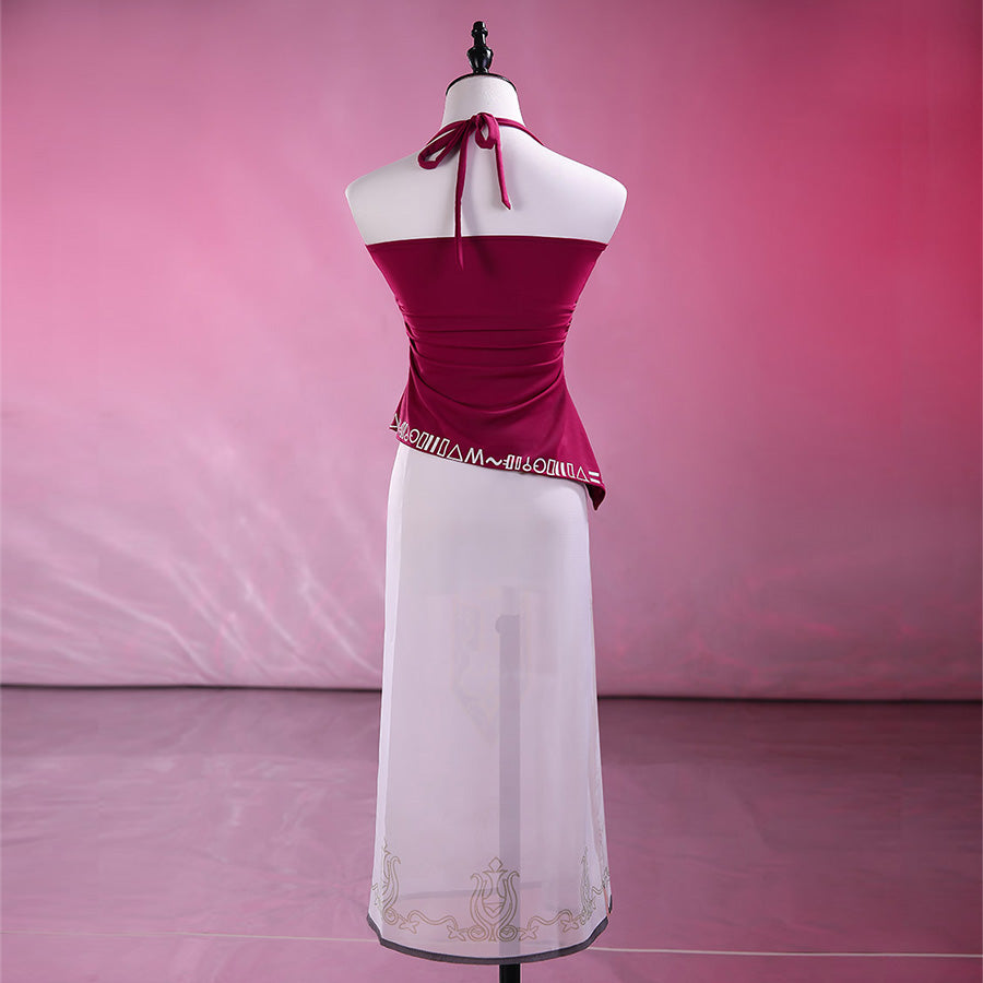 Princess Zelda Twilight Princess cosplay tankini set with wine-red halter top and white sheer skirt with Zelda crest print.