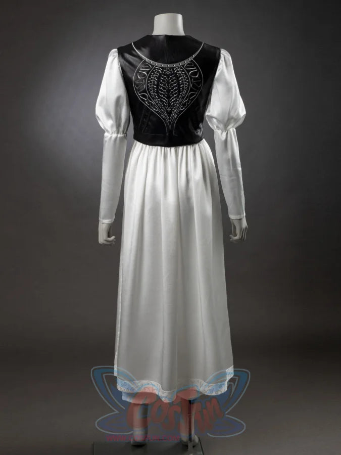 Undertaker cosplay nun costume back view, embroidered black vest, white long-sleeve blouse and white flowing dress