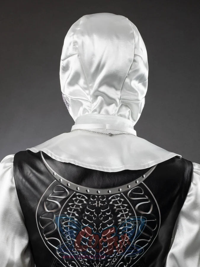 Undertaker cosplay nun costume back view, white satin veil and collar, black corset with ornate spine motif embossing