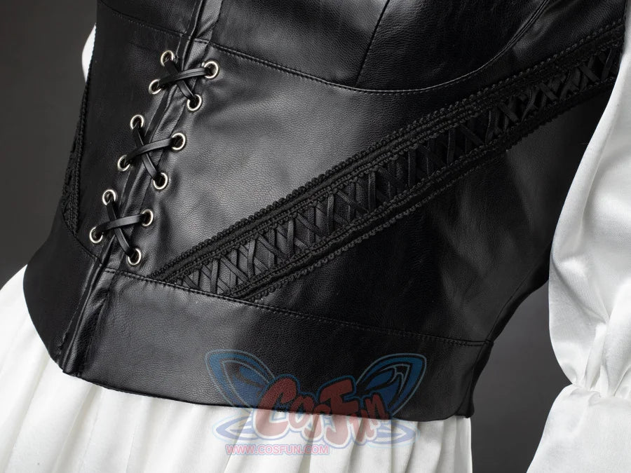Undertaker cosplay nun costume extreme close-up of black leather corset with metal eyelet lace-up detail, white dress