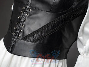 Undertaker cosplay nun costume extreme close-up of black leather corset with metal eyelet lace-up detail, white dress
