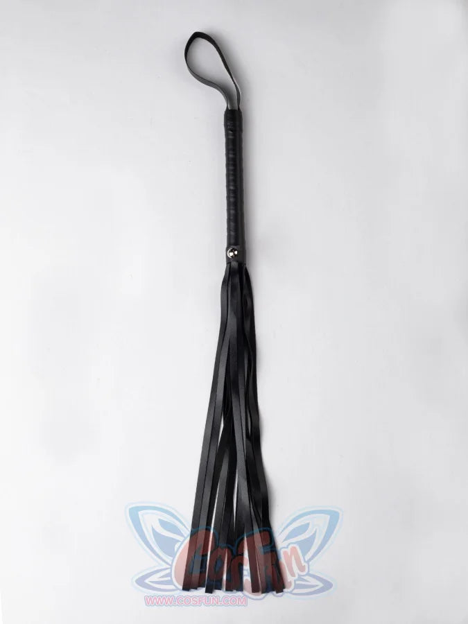 Undertaker cosplay nun costume prop accessory, black leather flogger whip with braided handle on white background