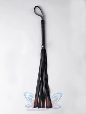 Undertaker cosplay nun costume prop accessory, black leather flogger whip with braided handle on white background