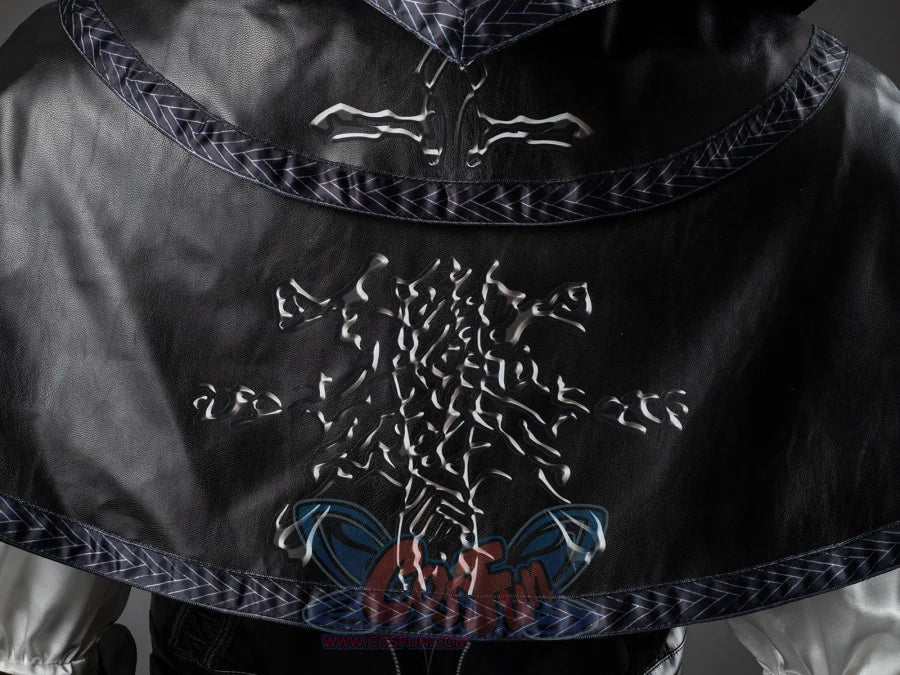 Undertaker cosplay nun costume cape detail, extreme close-up of 3D branch cross embroidery on black fabric with blue trim
