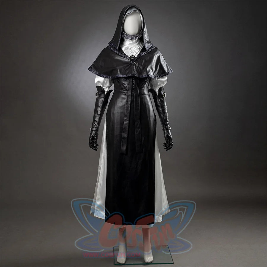 Undertaker cosplay nun costume full set on mannequin, black hooded cloak, long dress, white accents, gloves